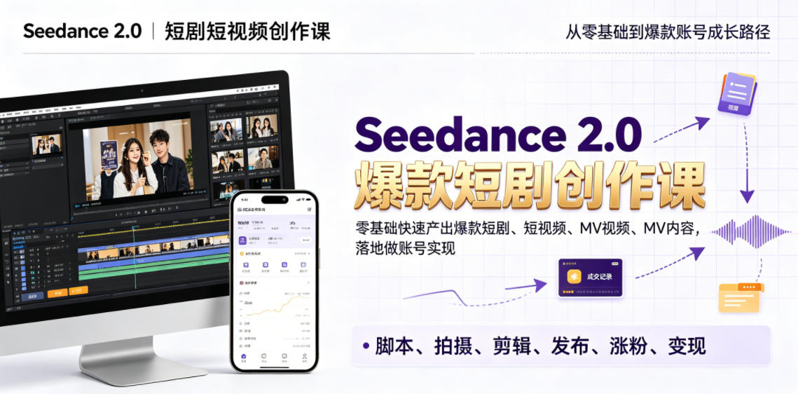 Seedance 2.0短剧短视频创作课，零基础快速产出爆款短剧、短视频、MV内容，落地做账号实现变现-小灰云创