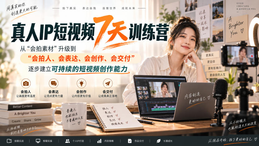 真人IP短视频7天训练营，从“会拍素材”升级到“会拍人、会表达、会创作、会交付”，逐步建立可持续的短视频创作能力-小灰云创