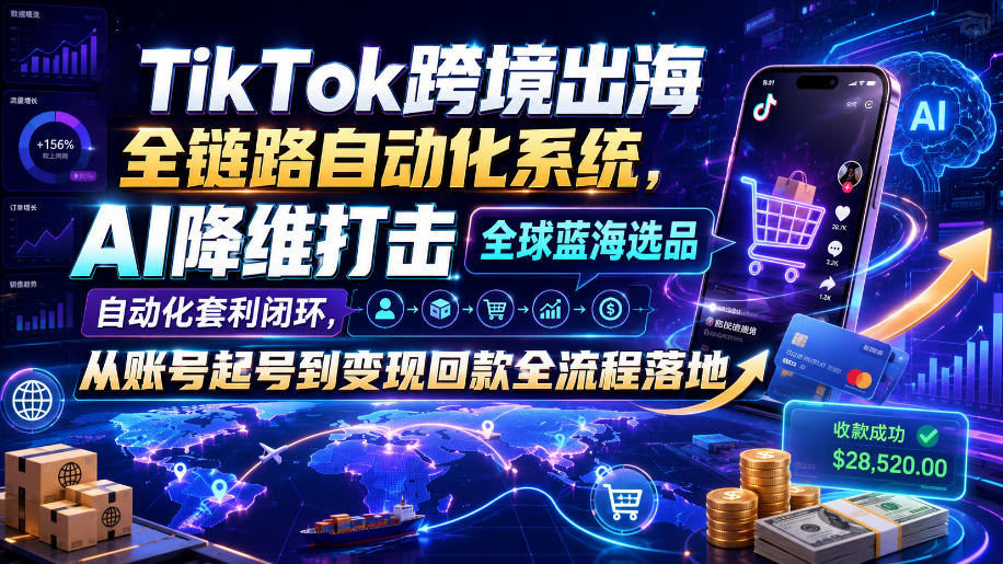 TikTok跨境出海全链路自动化系统，AI降维打击全球蓝海选品自动化套利闭环，从账号起号到变现回款全流程落地（2026年7月）-小灰云创