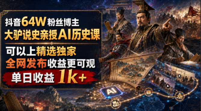 抖音64W粉丝博主大驴说史亲授AI历史课,可以上精选独家,全网发布收益更可观,单日收益1k+(更新)-小灰云创