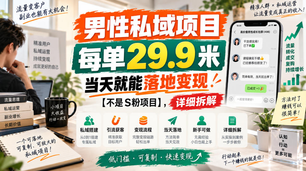 男性私域项目,每单29.9米,当天就能落地变现【不是S粉项目】,详细拆解-小灰云创