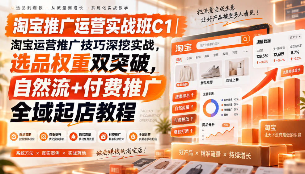 淘宝推广运营实战班C1|淘宝运营推广技巧深挖实战,选品权重双突破,自然流+付费推广全域起店教程-小灰云创