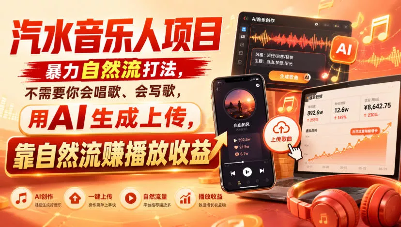 汽水音乐人项目,暴力自然流打法,不需要你会唱歌、会写歌,用AI生成上传,靠自然流賺播放收益-小灰云创
