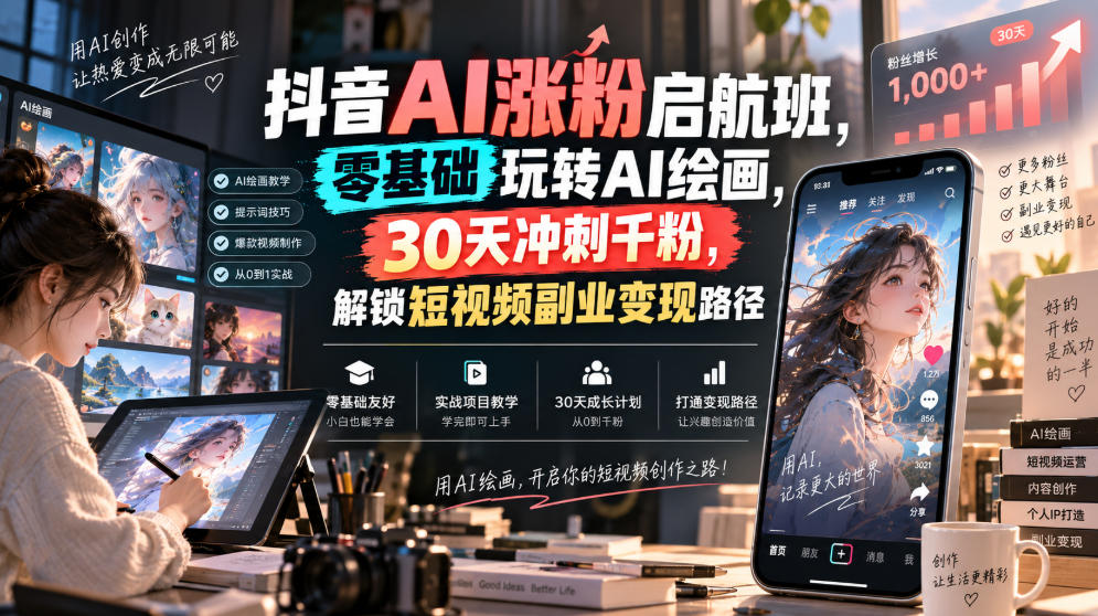 抖音AI涨粉启航班,零基础玩转AI绘画,30天冲刺千粉,解锁短视频副业变现路径-小灰云创