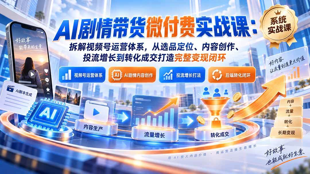 （20611期）AI剧情带货微付费实战课：拆解视频号运营体系，从选品定位、内容创作、投流增长到转化成交打造完整变现闭环-小灰云创