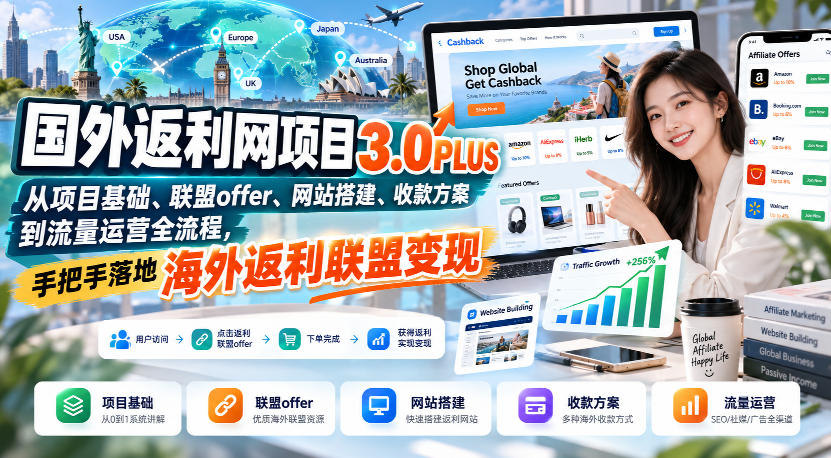 国外返利网项目3.0PLUS,从项目基础、联盟offer、网站搭建、收款方案到流量运营全流程,手把手落地海外返利联盟变现-小灰云创