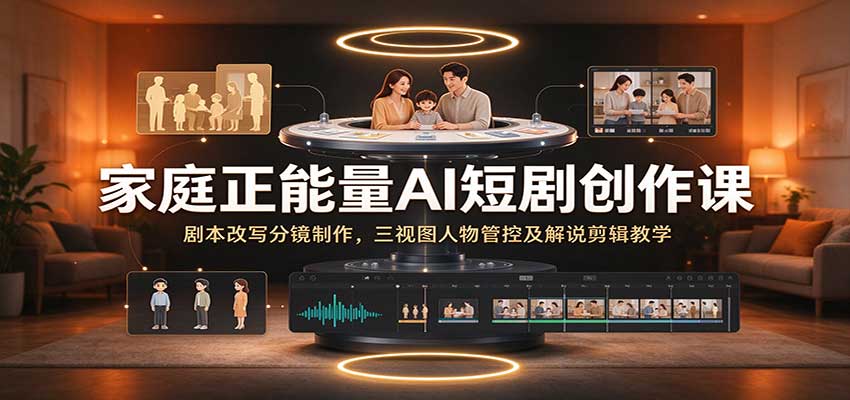 家庭正能量AI短剧创作课：剧本改写分镜制作，三视图人物管控及解说剪辑教学-小灰云创