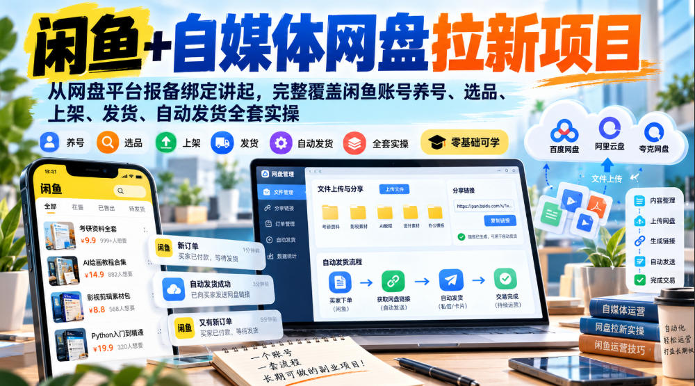 闲鱼+自媒体网盘拉新项目，从网盘平台报备绑定讲起，完整覆盖闲鱼账号养号、选品、上架、发货、自动发货全套实操-小灰云创