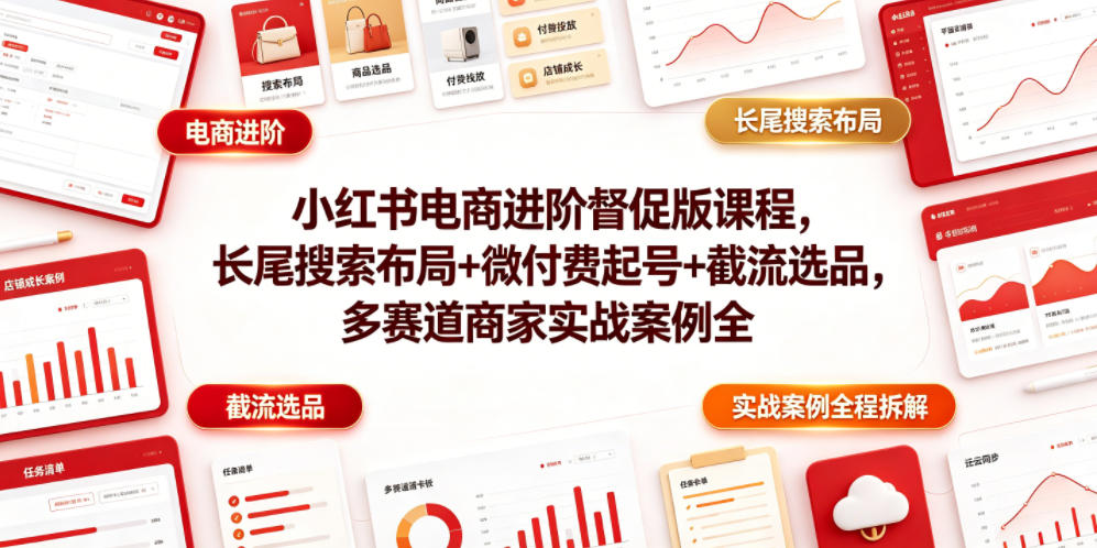 小红书电商进阶督促版课程，长尾搜索布局+微付费起号+截流选品，多赛道商家实战案例全程拆解-小灰云创