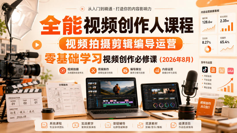 全能视频创作人课程,视频拍摄剪辑编导运营,零基础学习视频创作必修课(2026年8月)-小灰云创