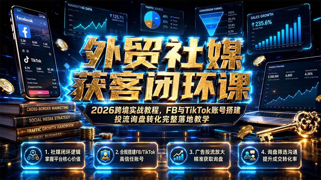 （19611期）外贸社媒获客闭环课｜2026跨境实战教程，FB与TikTok账号搭建投流询盘转化完整落地教学-小灰云创