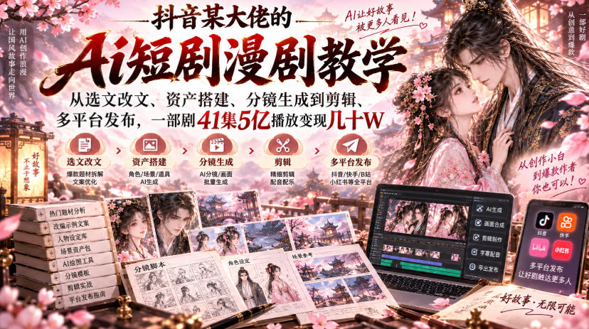 抖音某大佬的Ai短剧漫剧教学，从选文改文、资产搭建、分镜生成到剪辑、多平台发布，一部剧41集5亿播放变现几十W-小灰云创