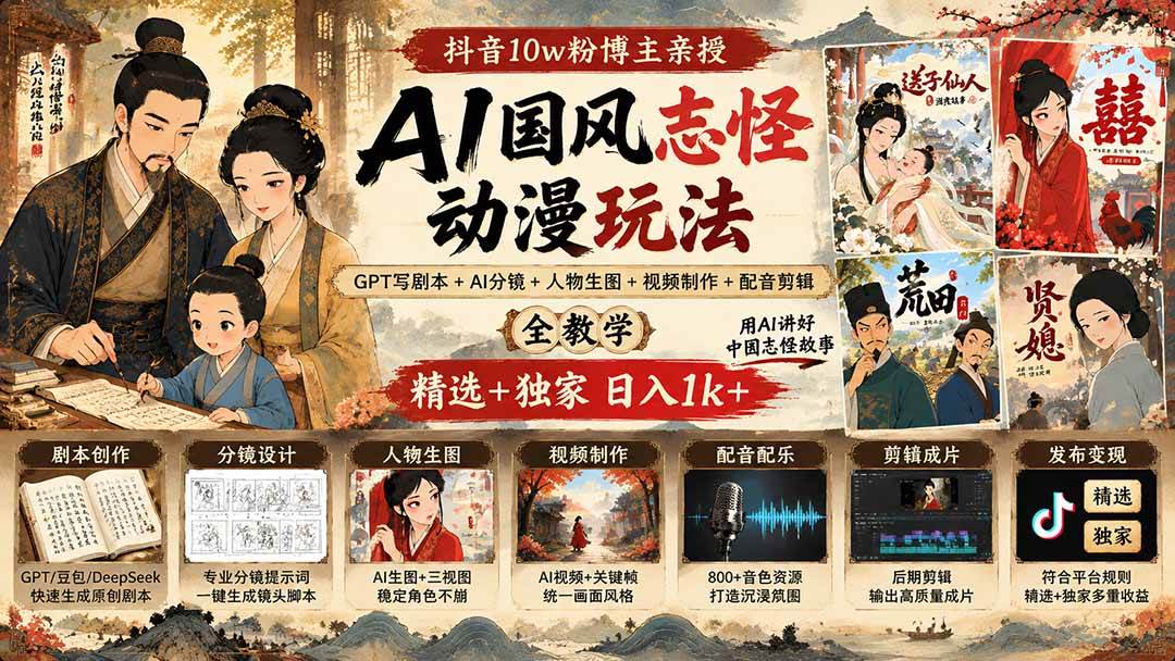 （20538期）抖音10w粉博主亲授AI国风志怪动漫玩法｜GPT写剧本+AI分镜+人物生图+视频制作+配音剪辑全教学｜精选+独家日入1k+-小灰云创