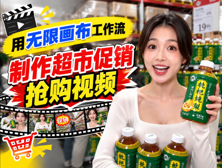 无限画布超市促销抢购视频工作流，一键产出TikTok抖音带货短视频-小灰云创