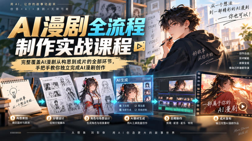 AI漫剧全流程制作实战课程,完整覆盖AI漫剧从构思到成片的全部环节,手把手教你独立完成AI漫剧创作 AI漫剧全流程制作实战课程,完整覆盖AI漫剧从构思到成片的全部环节,手把手教你独立完成AI漫剧创作