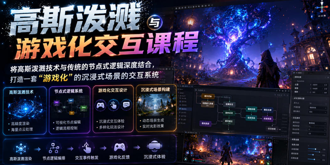 高斯泼溅与游戏化交互课程，将高斯泼溅技术与传统的节点式逻辑深度结合，打造一套“游戏化”的沉浸式场景的交互系统-小灰云创