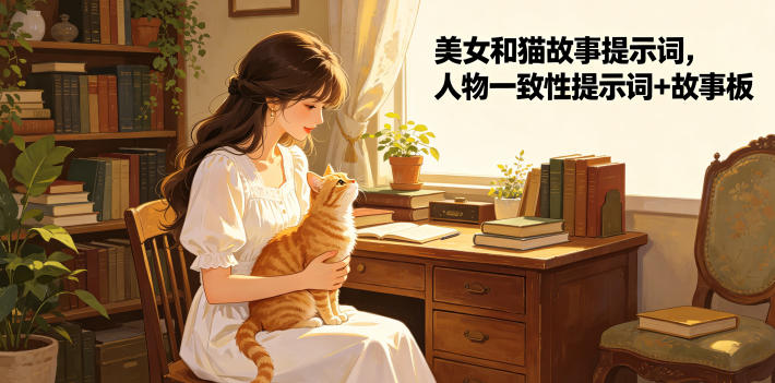 美女和猫故事提示词，人物一致性提示词+故事板-小灰云创