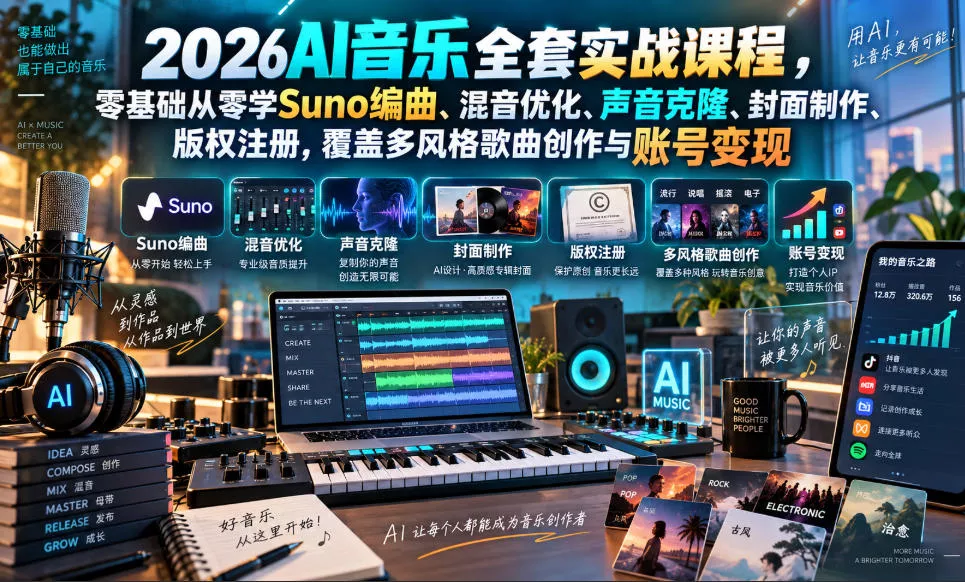 2026AI音乐实战课程,零基础从零学Suno编曲、混音优化、声音克隆、版权注册,覆盖多风格歌曲创作与账号变现(更新0924)-小灰云创
