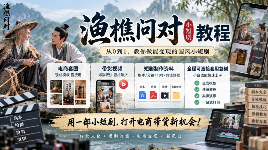 渔樵问对小短剧教程，包含电商套图、带货视频，短剧制作资料，全程可直接套用复刻-小灰云创