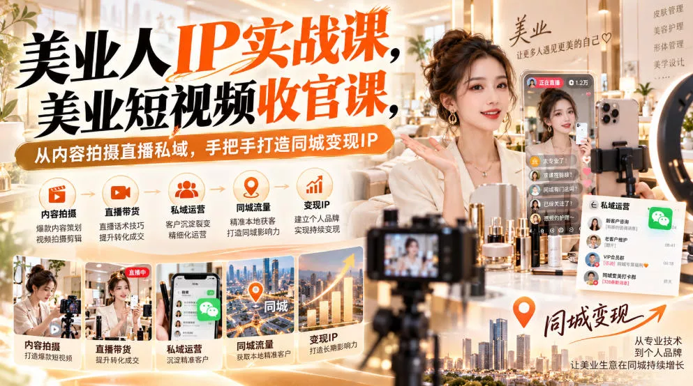 【无水印】美业人IP实战课，美业短视频收官课，从内容拍摄直播私域，手把手打造同城变现IP-小灰云创