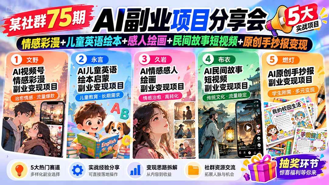 (20874期)某社群75期AI副业项目分享会:情感彩漫+儿童英语绘本+感人绘画+民间故事短视频+原创手抄报变现-小灰云创