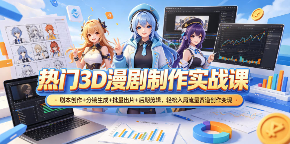 热门3D漫剧制作实战课,剧本创作+分镜生成+批量出片+后期剪辑,轻松入局流量赛道创作变现-小灰云创