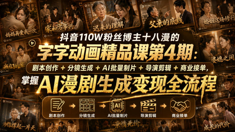 抖音110W粉丝博主十八漫的字字动画精品课第4期:剧本创作+分镜生成+剪辑+商业接单,掌握AI漫剧生成变现全流程(更新0916)-小灰云创