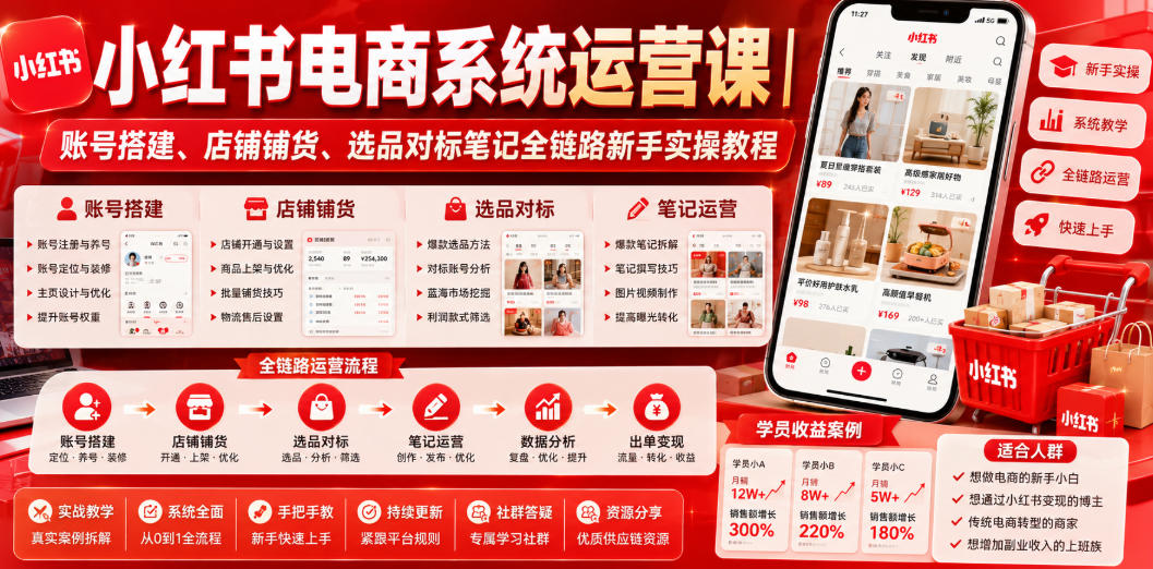 小红书电商系统运营课|账号搭建、店铺铺货、选品对标笔记全链路新手实操教程-小灰云创