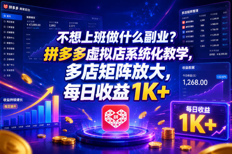 不想上班做什么副业?拼多多虚拟店系统化教学,多店矩阵放大,每日收益1K+【揭秘】-小灰云创