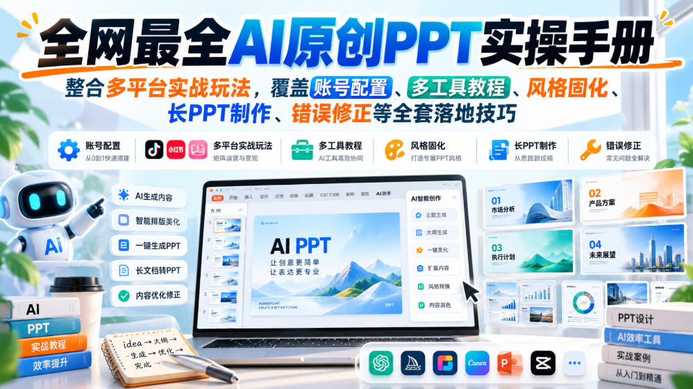 全网最全AI原创PPT实操手册,整合多平台实战玩法,覆盖账号配置、多工具教程、风格固化、长PPT制作、错误修正等全套落地技巧-小灰云创