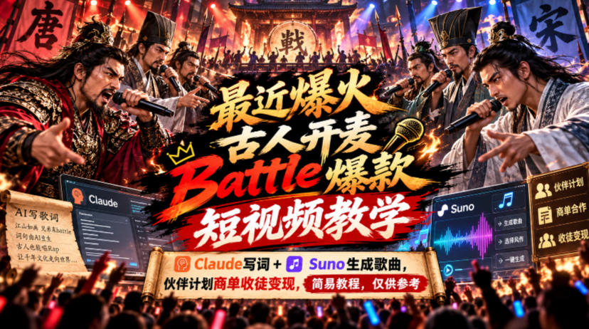 最近爆火古人开麦Battle爆款短视频教学，Claude写词+Suno生成歌曲，伙伴计划商单收徒变现，简易教程，仅供参考-小灰云创