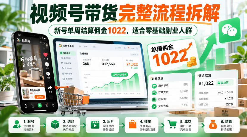 视频号带货完整流程拆解,新号单周结算佣金1022,适合零基础副业人群 视频号带货完整流程拆解,新号单周结算佣金1022,适合零基础副业人群