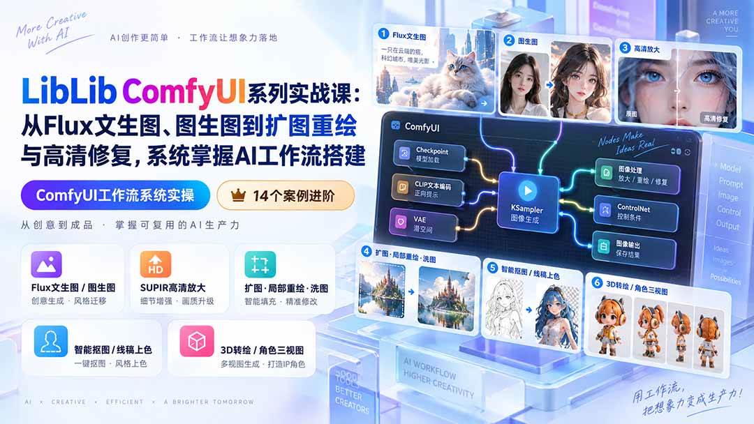 (20368期)LibLib ComfyUI系列实战课:从Flux文生图、图生图到扩图重绘与高清修复,系统掌握AI工作流搭建-小灰云创