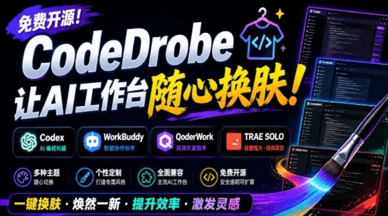 免费开源的CodeDrobe，让AI工作台随心换肤，支持Codex、WorkBuddy等，免费且本地运行！-小灰云创