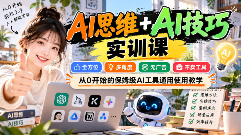 AI思维+AI技巧实训课,全方位、多角度、无广告、不卖工具,从0开始的保姆级AI工具通用使用教学-小灰云创