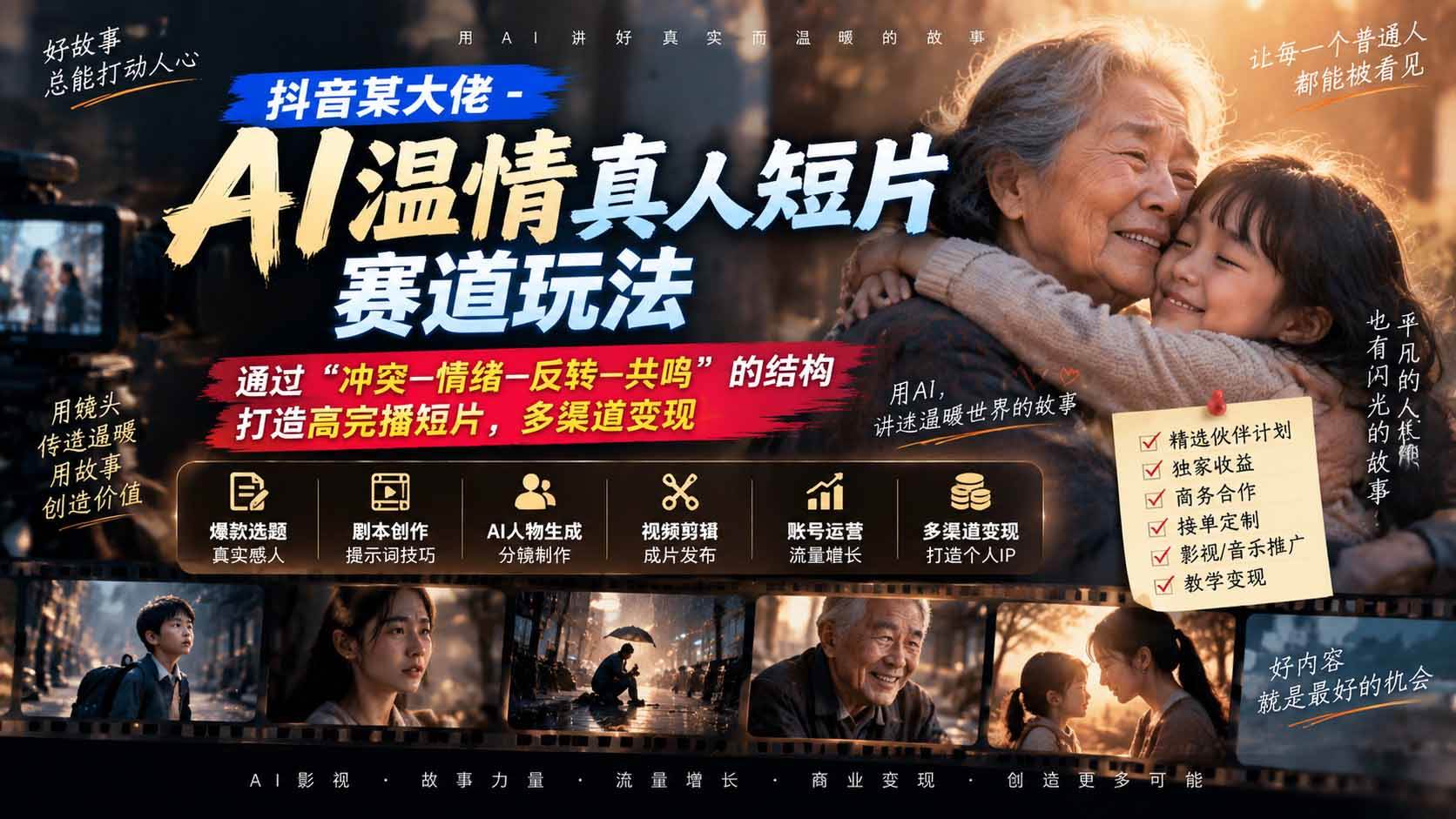 （20538期）抖音某大佬-AI温情真人短片赛道玩法：通过“冲突—情绪—反转—共鸣”的结构打造高完播短片，多渠道变现-小灰云创