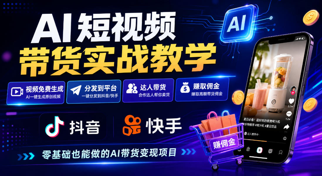 AI短视频带货实战教学,视频免费生成,分发到抖音快手平台,达人带货賺佣金-小灰云创