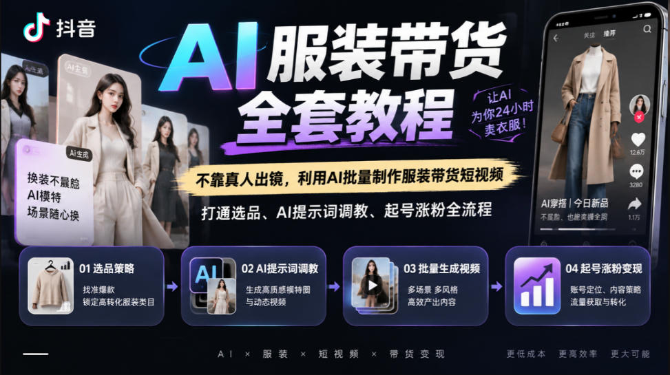抖音AI服装带货全套教程,不靠真人出镜,利用AI批量制作服装带货短视频,打通选品、AI提示词调教、起号涨粉全流程-小灰云创