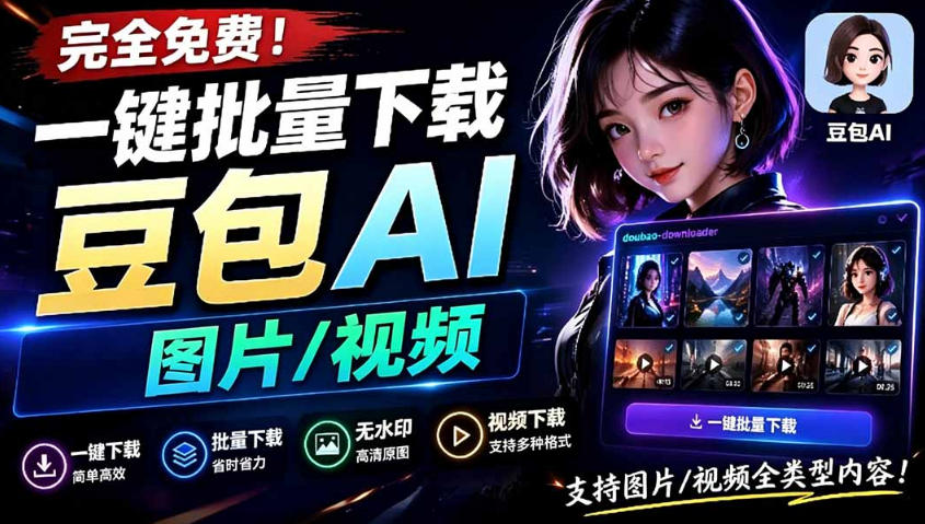 Github最新发布！一键批量下载豆包AI无水印图片/视频，简单易用，自动解析提示词-小灰云创