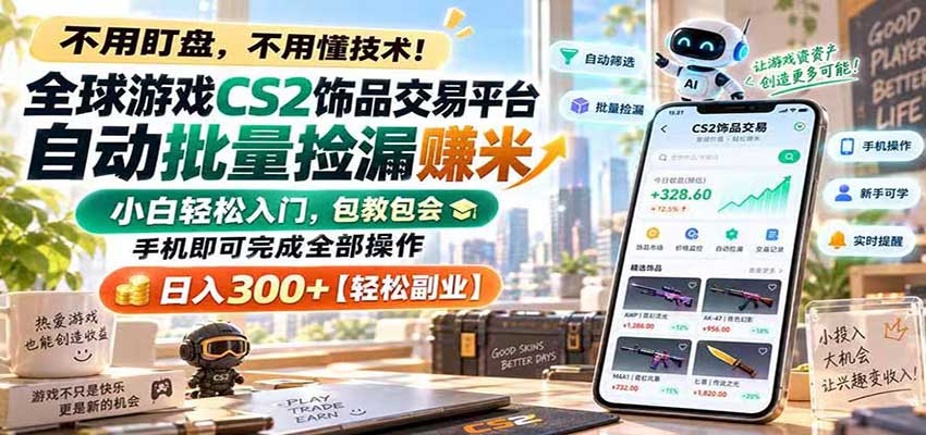 全球游戏CS2饰品交易平台自动批量捡漏赚米,手机即可完成全部操作,日入300+-小灰云创
