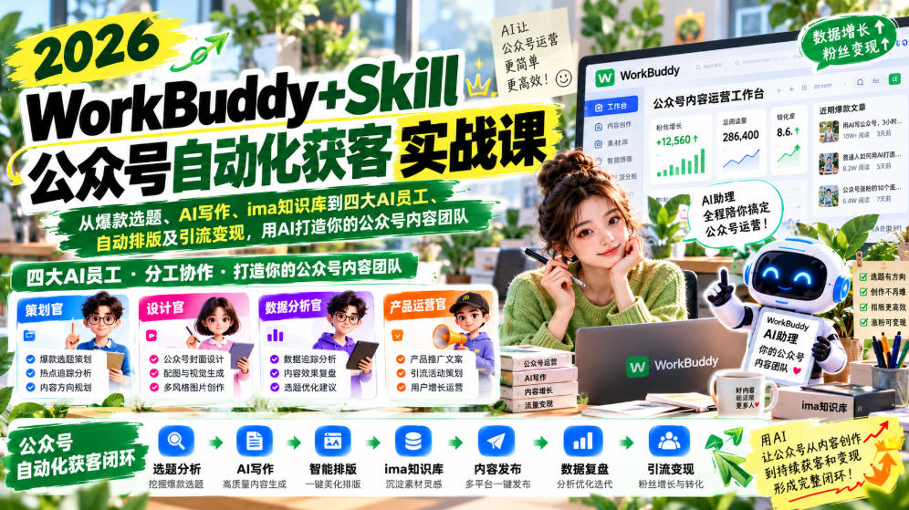 2026WorkBuddy+Skill公众号自动化获客实战课,从爆款选题、AI写作、ima知识库到四大AI员工、自动排版及引流变现,用AI打造你的公众号内容团队-小灰云创