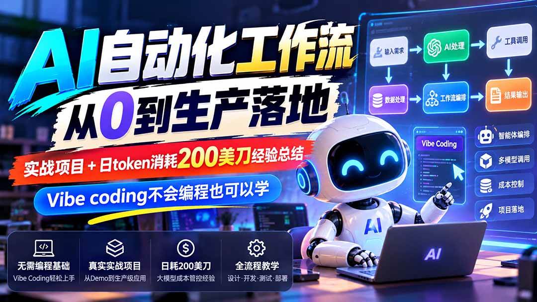 (20954期)【无水印】AI自动化工作流从0到生产落地,实战项目+日token消耗200美刀经验总结,Vibe coding不会编程也可以学-小灰云创
