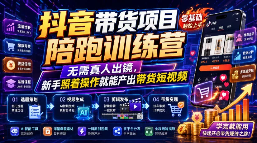 抖音带货项目陪跑训练营，无需真人出镜，新手照着操作就能产出带货短视频-小灰云创