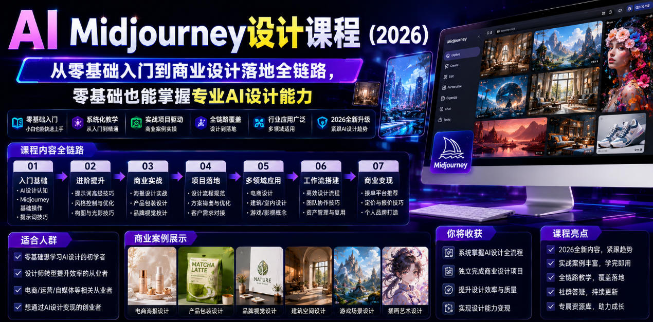 AI Midjourney设计课程(2026),从零基础入门到商业设计落地全链路,零基础也能掌握专业AI设计能力(更新0913)-小灰云创