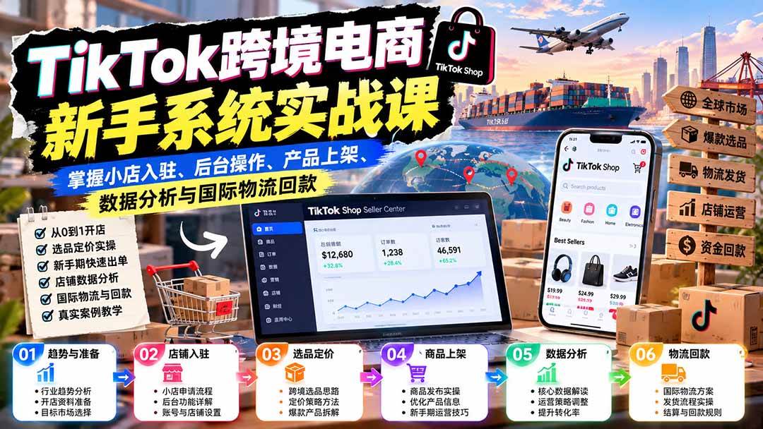 (20672期)TikTok跨境电商新手系统实战课:掌握小店入驻、后台操作、产品上架、数据分析与国际物流回款-小灰云创