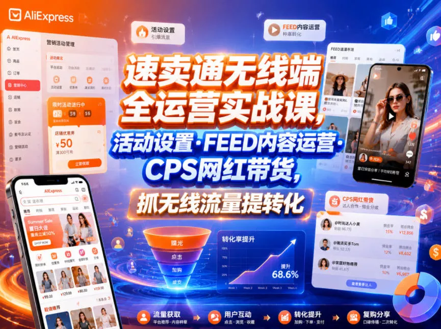 速卖通无线端全运营实战课,活动设置・FEED内容运营・CPS网红带货,抓无线流量提转化-小灰云创