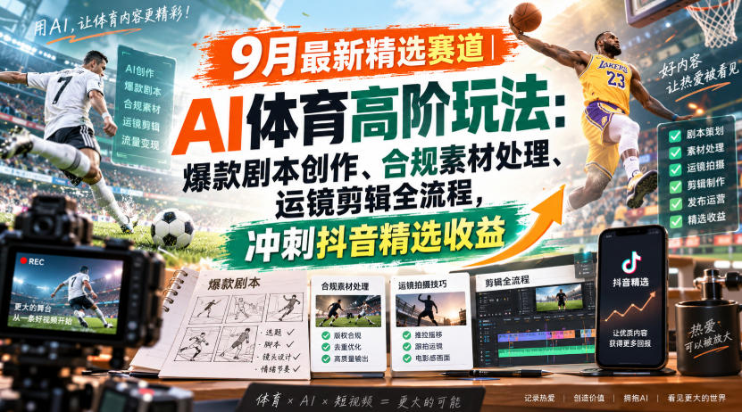 某大佬的9月最新精选赛道之AI体育顶级玩法,爆款剧本创作、版权规避、运镜剪辑全流程,稳拿抖音精选收益-小灰云创