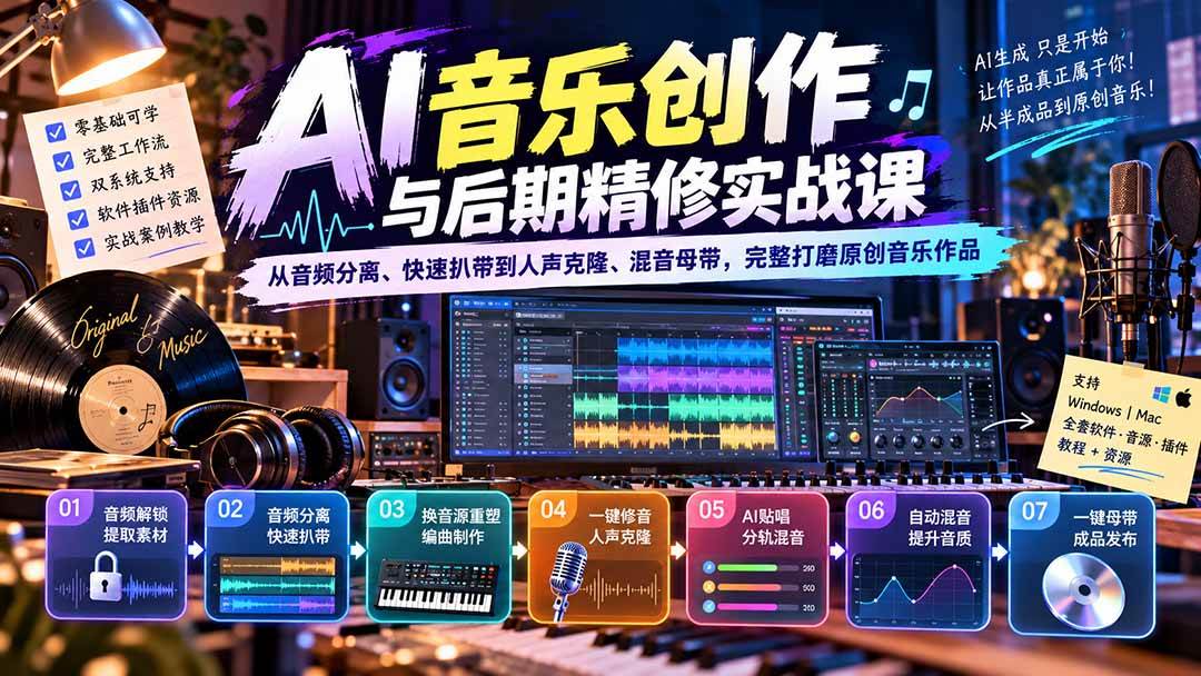 （20652期）AI音乐创作与后期精修实战课：从音频分离、快速扒带到人声克隆、混音母带，完整打磨原创音乐作品-小灰云创