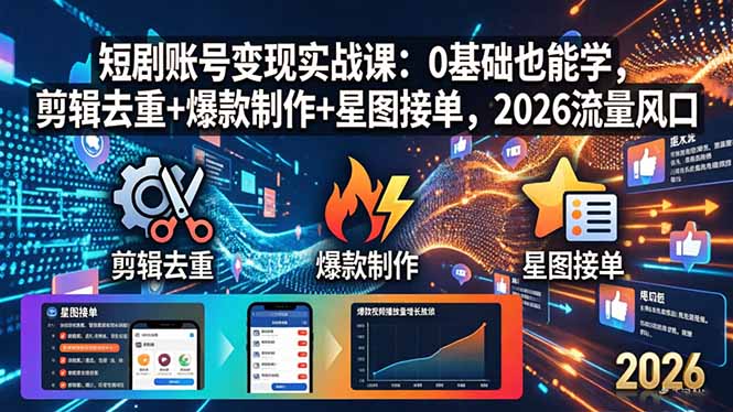 短剧账号变现实战课：0基础也能学，剪辑去重+爆款制作+星图接单，2026流量风口-小灰云创