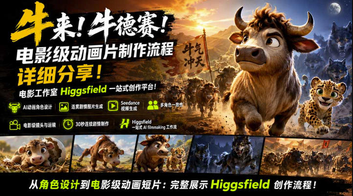 牛来!牛德赛!电影级动画片制作流程详细分享!电影工作室Higgsfield一站式创作平台,完整创作流程-小灰云创